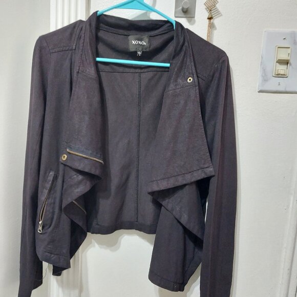 XOXO Faux Suede Open Front Draped Jacket Lightweight Comfort Black Zippered M - Picture 2 of 10